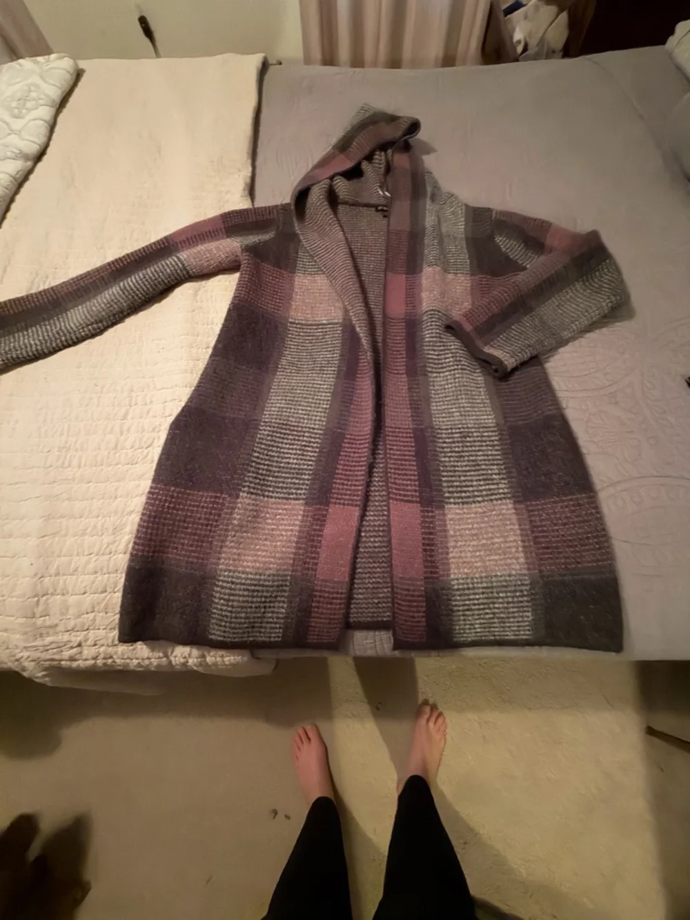 Hooded Open-Front Plaid Knit Cardigan - Purple Mix - Picture 2 of 3